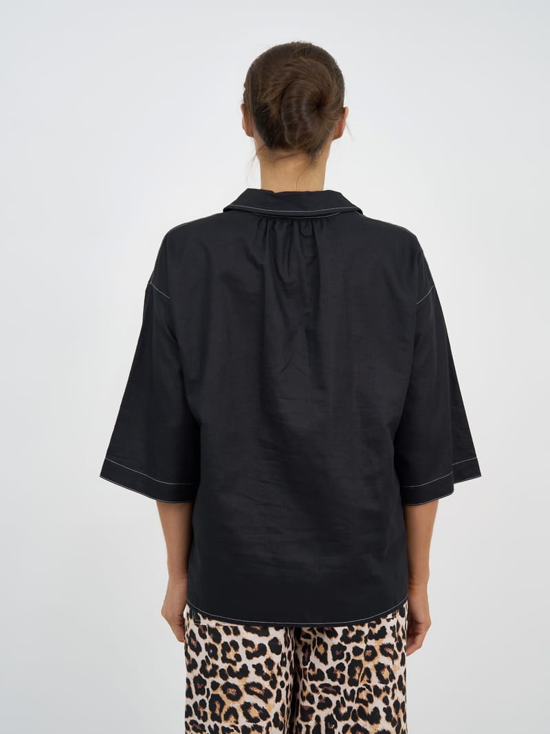 Stitch Detailed Linen Shirt Black Liberty Rose
