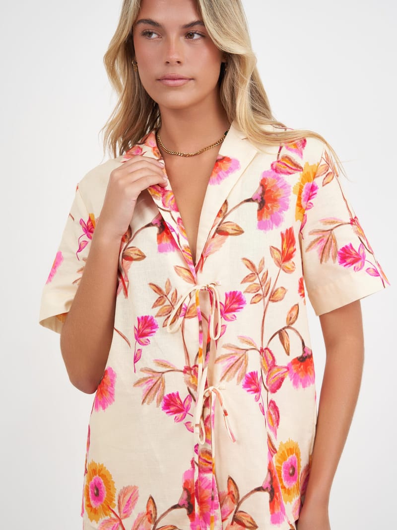 Tie Front Linen Shirt Pink Liberty Rose