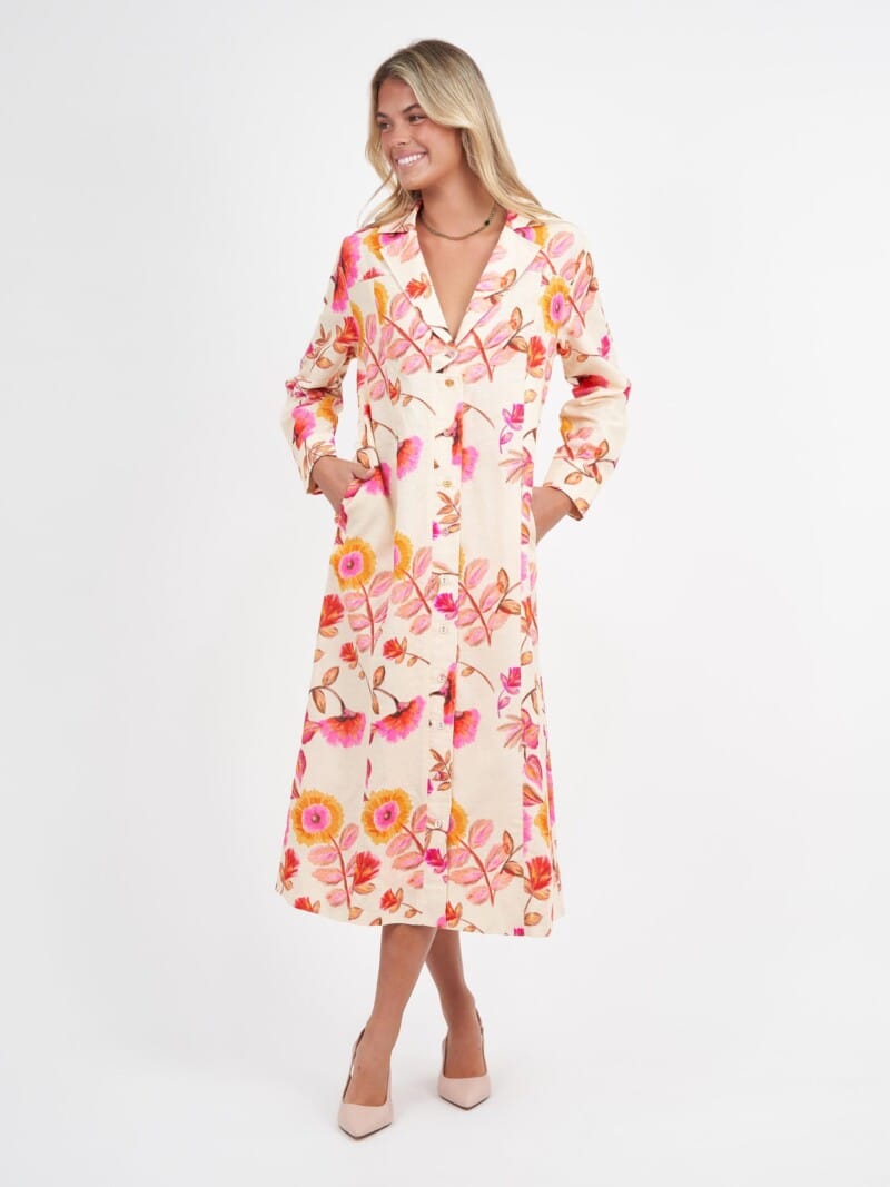 Lapel Collar Linen Coat Dress Pink Liberty Rose