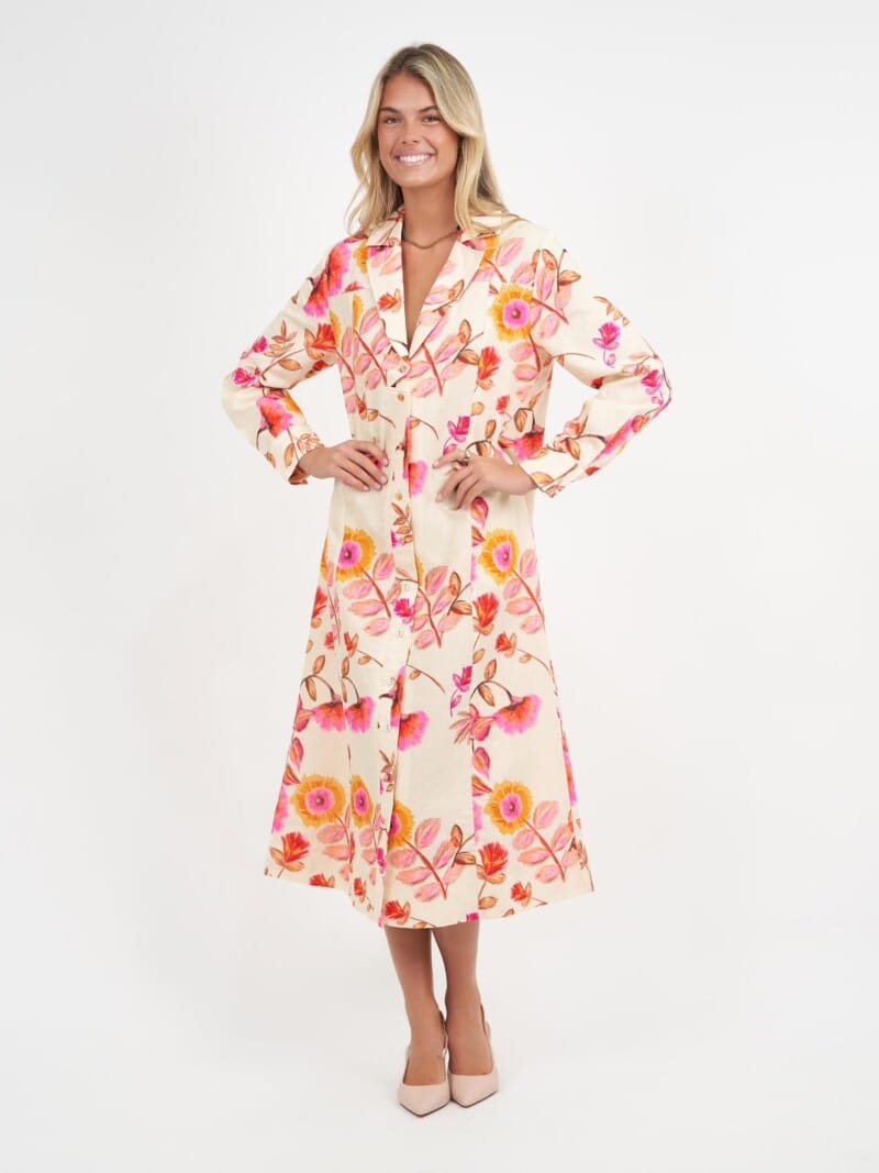 Lapel Collar Linen Coat Dress Pink Liberty Rose