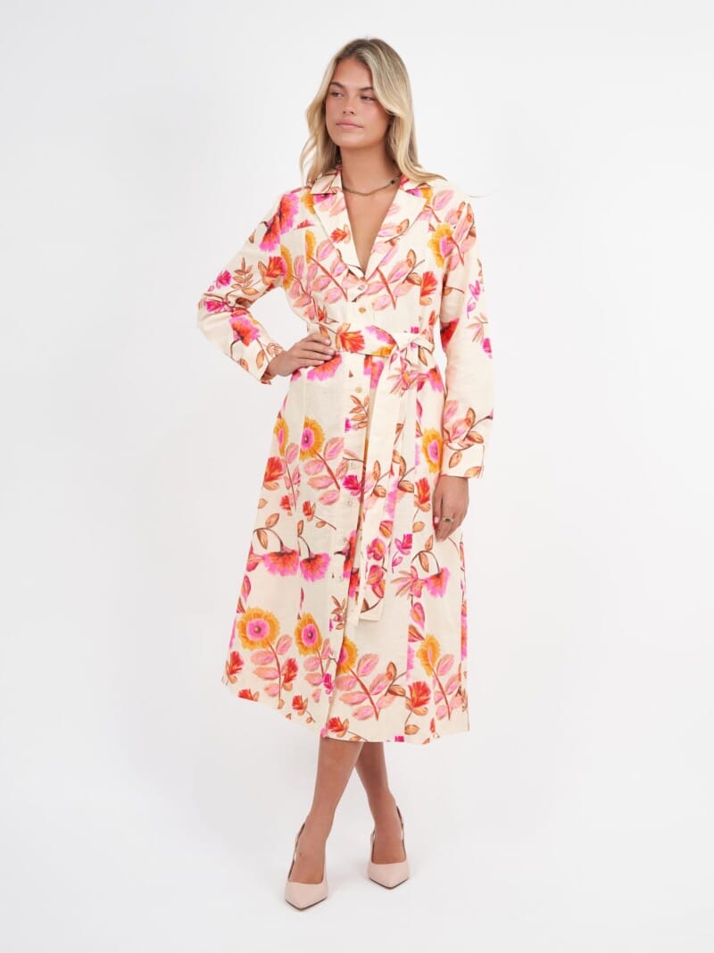 Lapel Collar Linen Coat Dress Pink Liberty Rose
