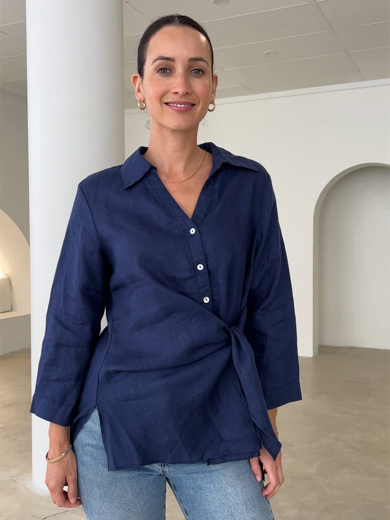 Tie Front Linen Shirt Navy Worthier