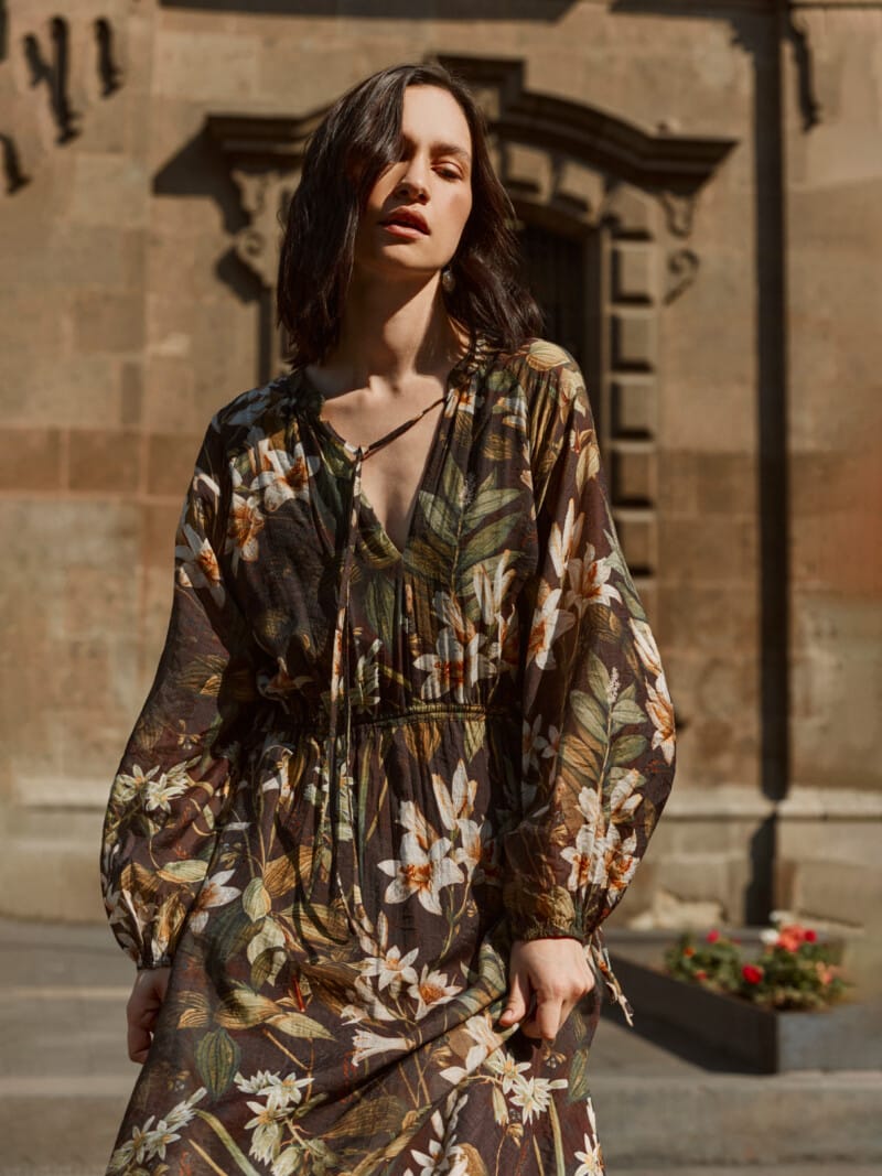 Draw Waist LS Dress Dark Green adorne