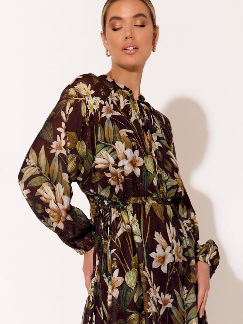 Draw Waist LS Dress Dark Green adorne
