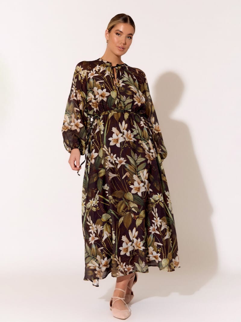 Draw Waist LS Dress Dark Green adorne