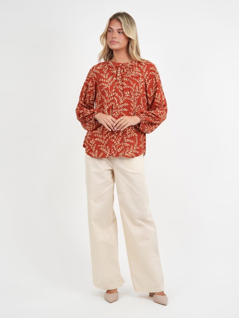 Button Neck Viscose Top Honey Brown Liberty Rose