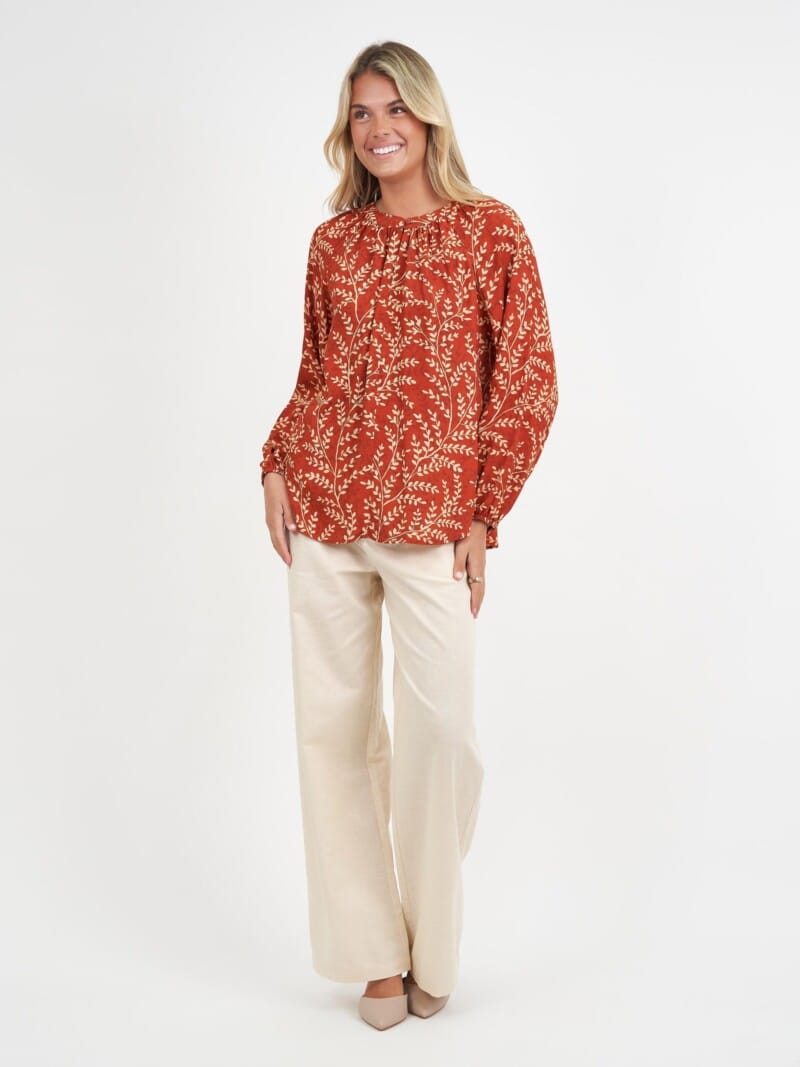 Button Neck Viscose Top Honey Brown Liberty Rose