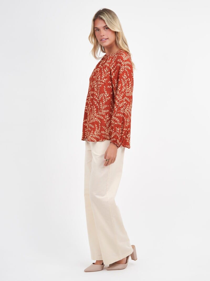 Button Neck Viscose Top Honey Brown Liberty Rose