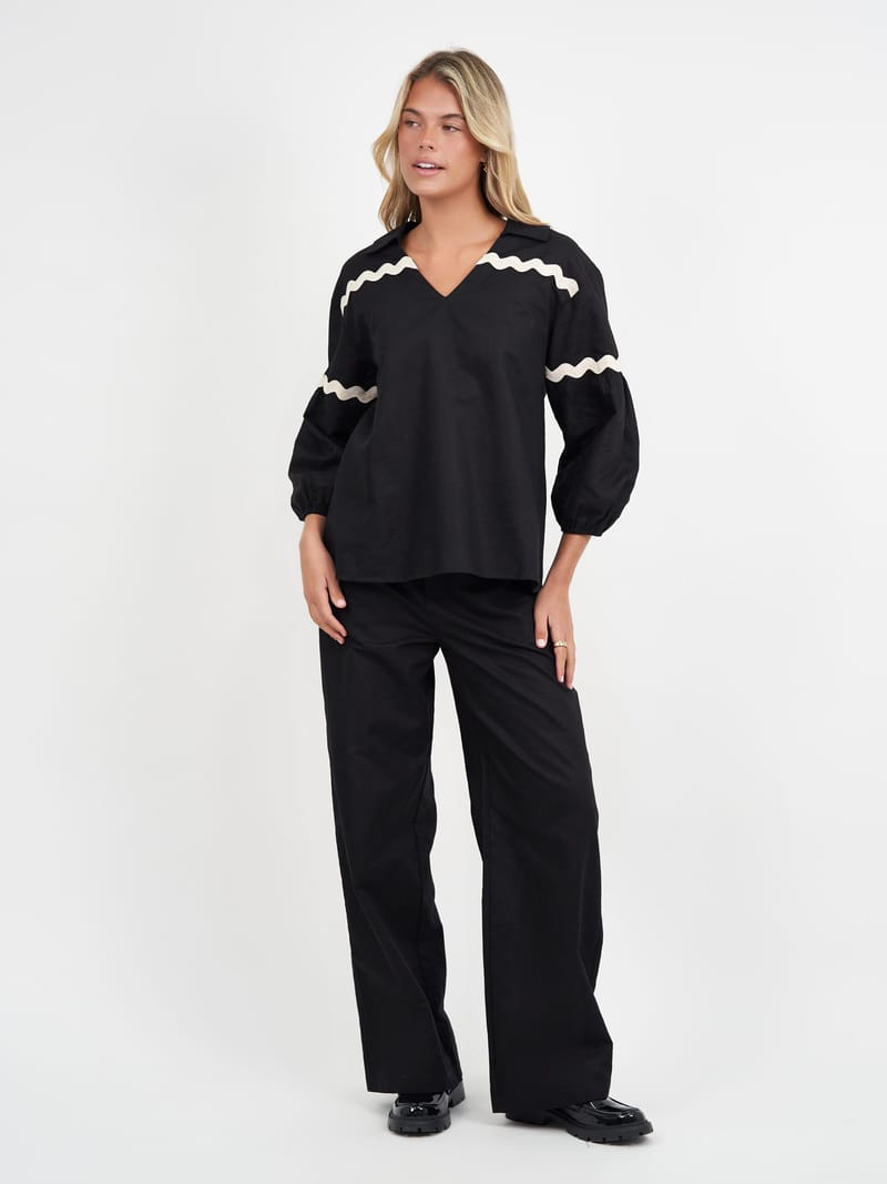 Collared Ric Rac Top Black Liberty Rose