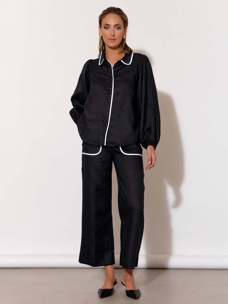 Contrast Trim Linen Shirt Black adorne