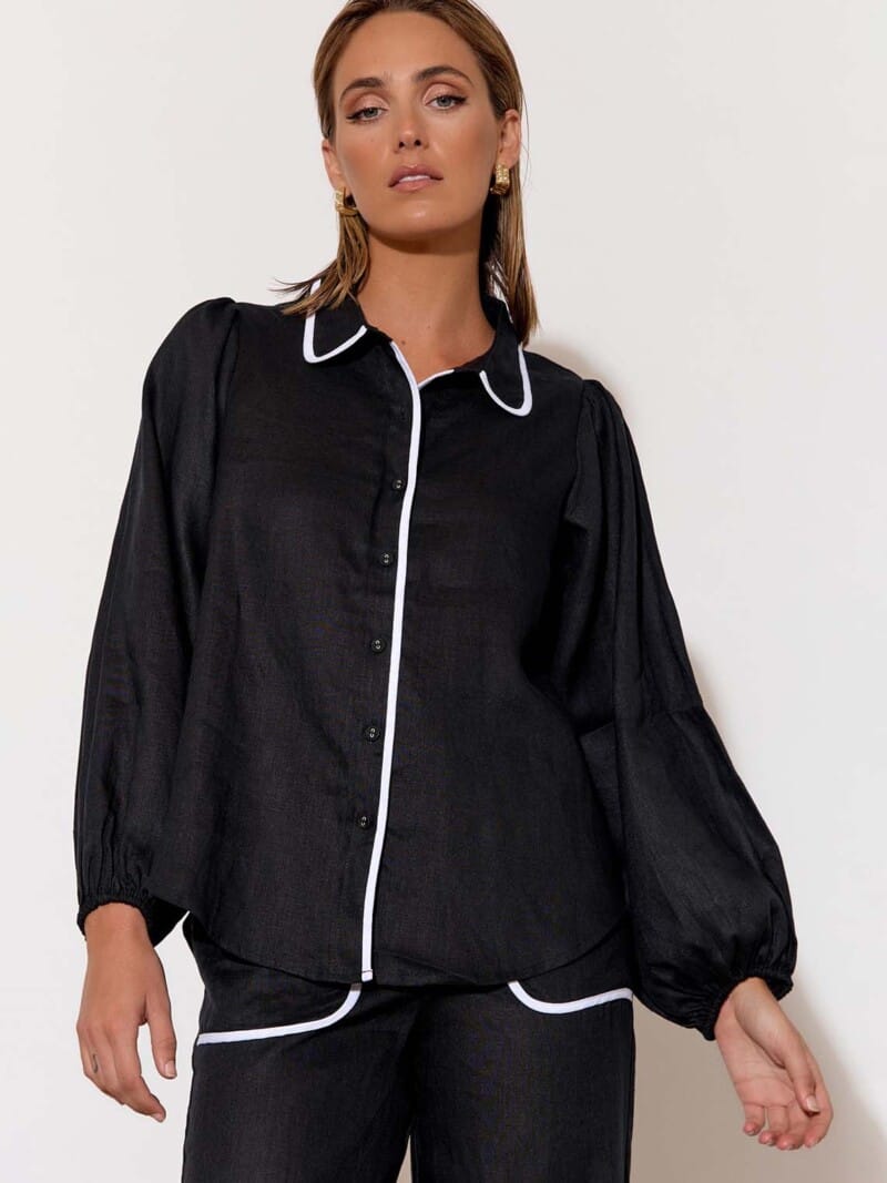 Contrast Trim Linen Shirt Black adorne