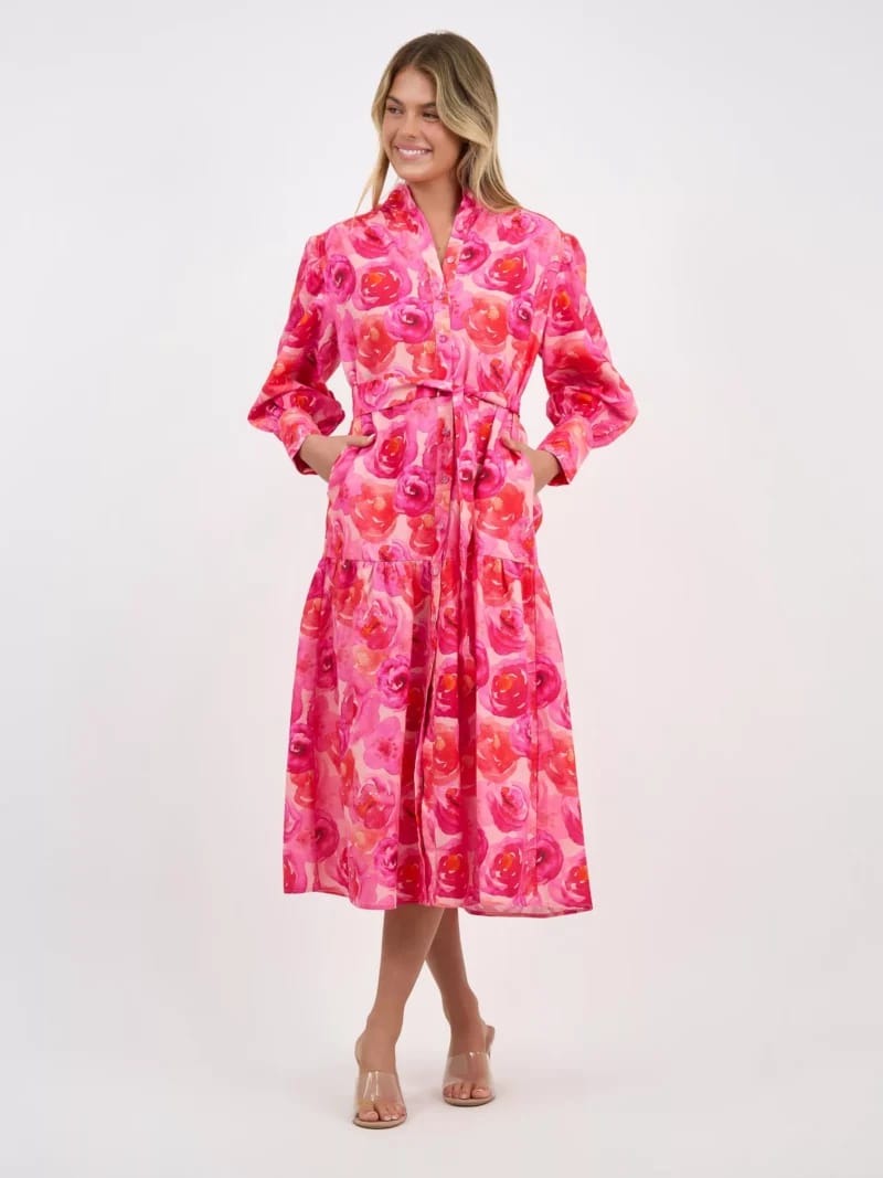 Cuffed Linen Shirt Dress Red Liberty Rose