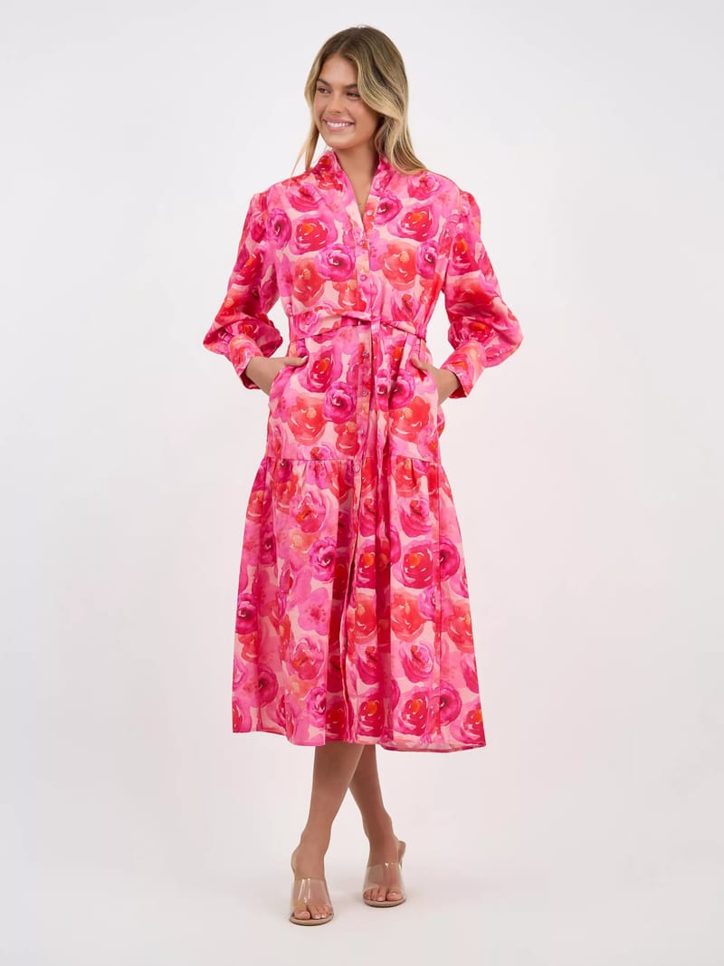 Cuffed Linen Shirt Dress Red Liberty Rose