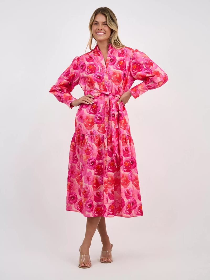 Cuffed Linen Shirt Dress Red Liberty Rose