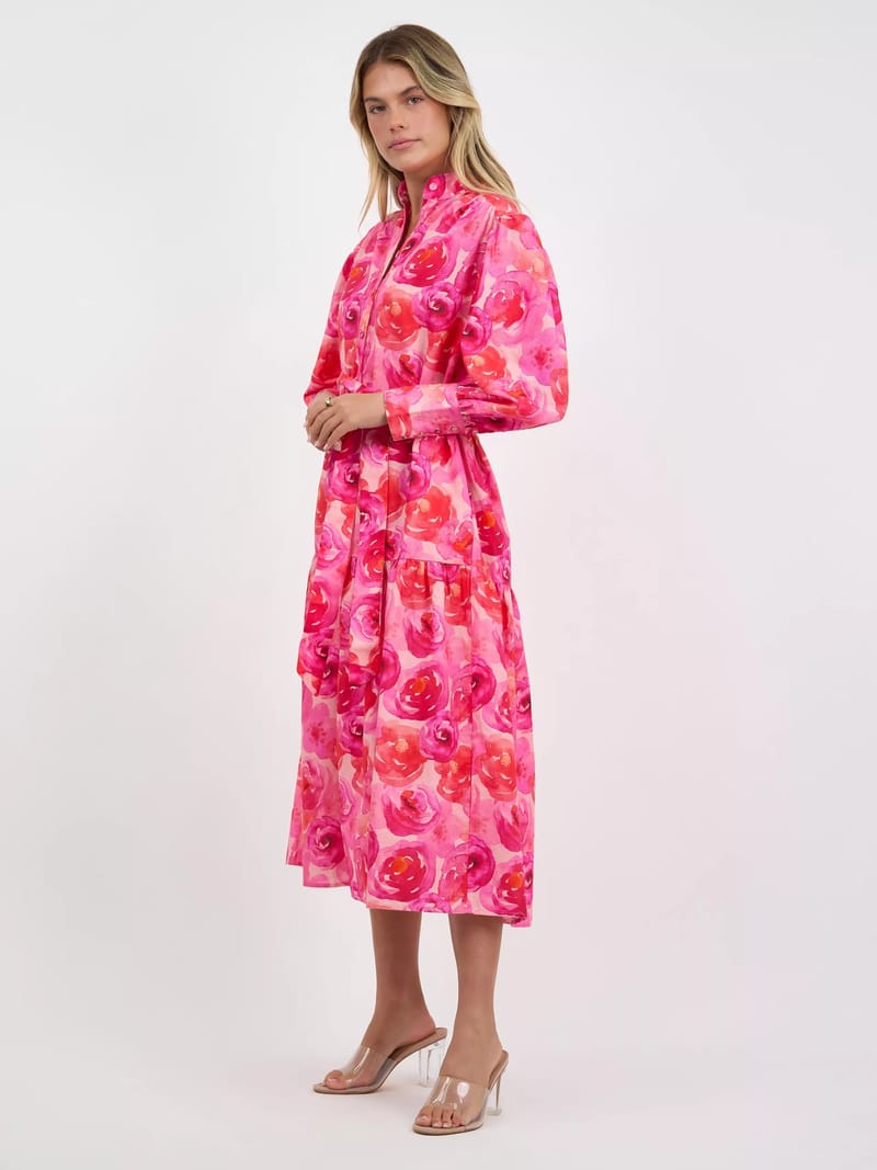 Cuffed Linen Shirt Dress Red Liberty Rose
