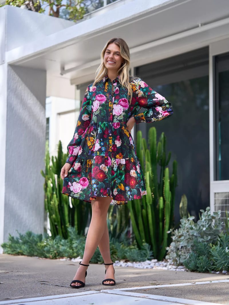 Cuff Sleeve Linen Dress Black Liberty Rose