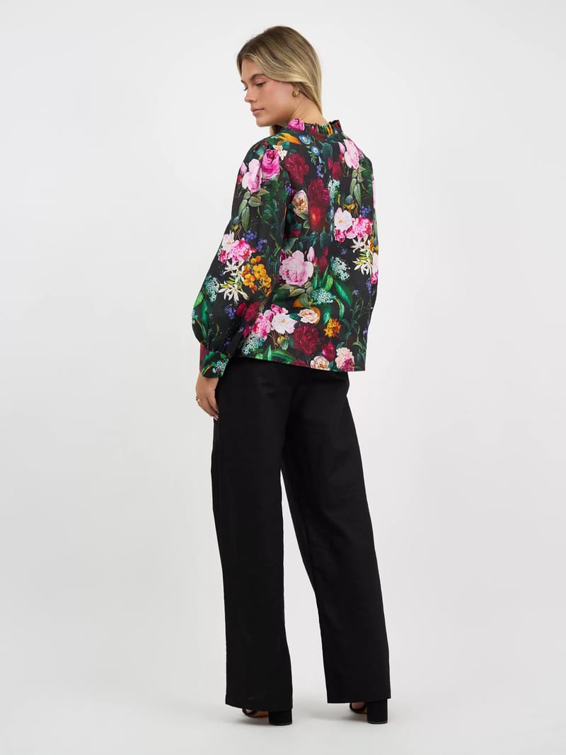 Cuff Sleeve Linen Top Black Liberty Rose