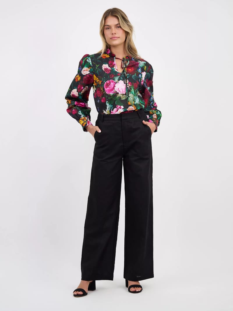 Cuff Sleeve Linen Top Black Liberty Rose