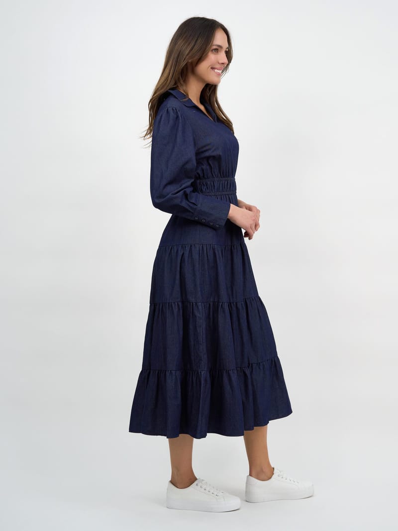 Collared Denim Tier Detail Dress Navy Liberty Rose