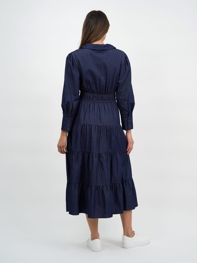 Collared Denim Tier Detail Dress Navy Liberty Rose