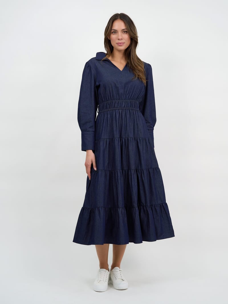 Collared Denim Tier Detail Dress Navy Liberty Rose