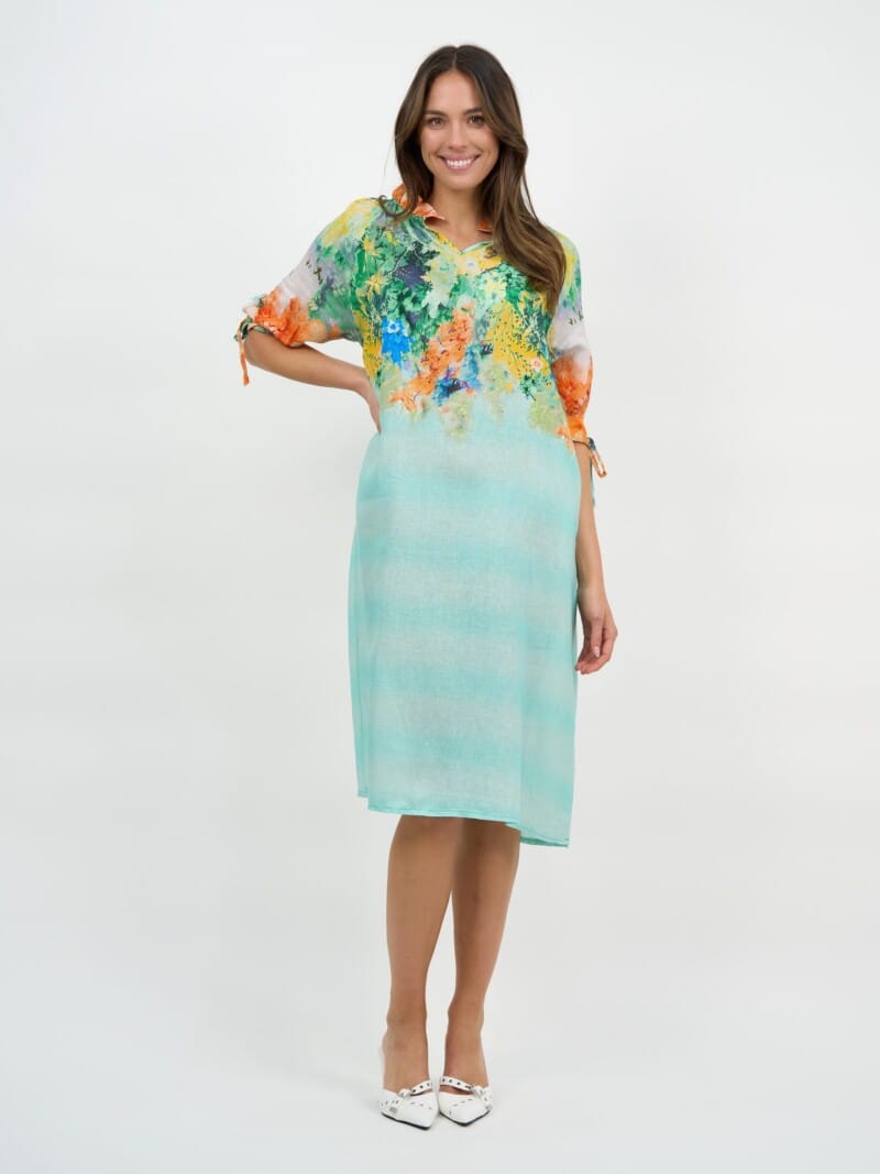 Frill V-Neck Linen Dress Multi La Strada