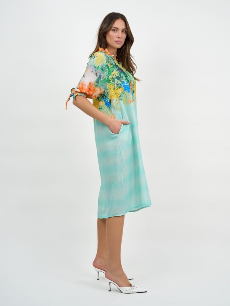 Frill V-Neck Linen Dress Multi La Strada