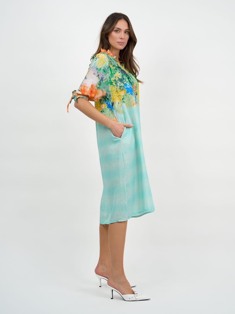 Frill V-Neck Linen Dress Multi La Strada
