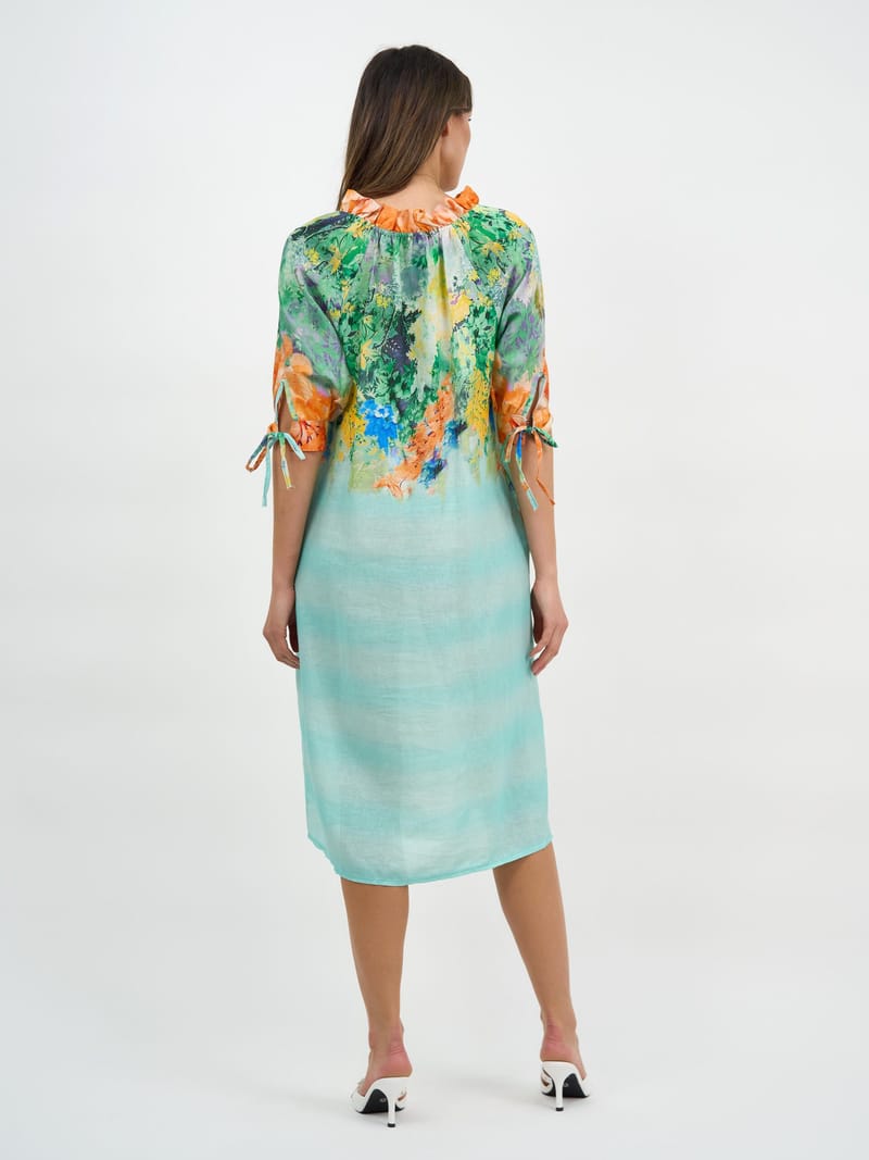 Frill V-Neck Linen Dress Multi La Strada