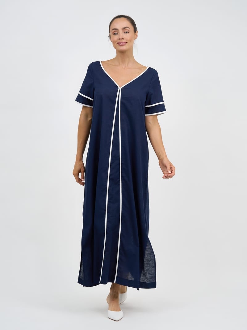 Contrast Maxi Linen Dress Navy Liberty Rose