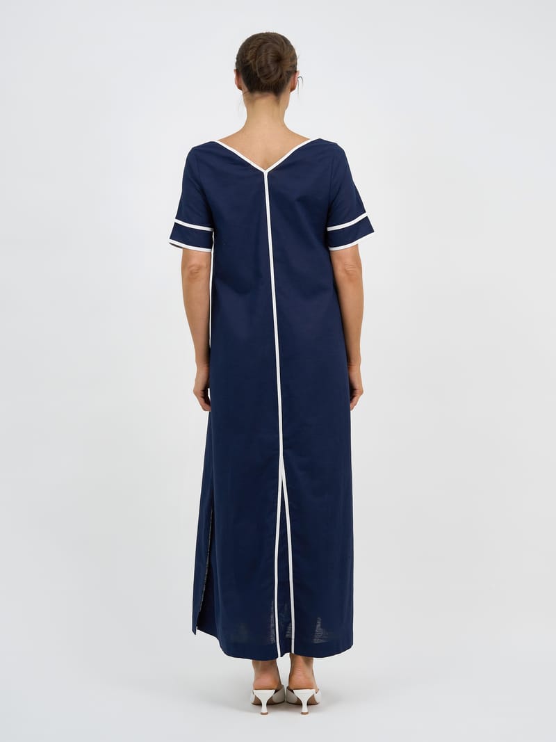 Contrast Maxi Linen Dress Navy Liberty Rose
