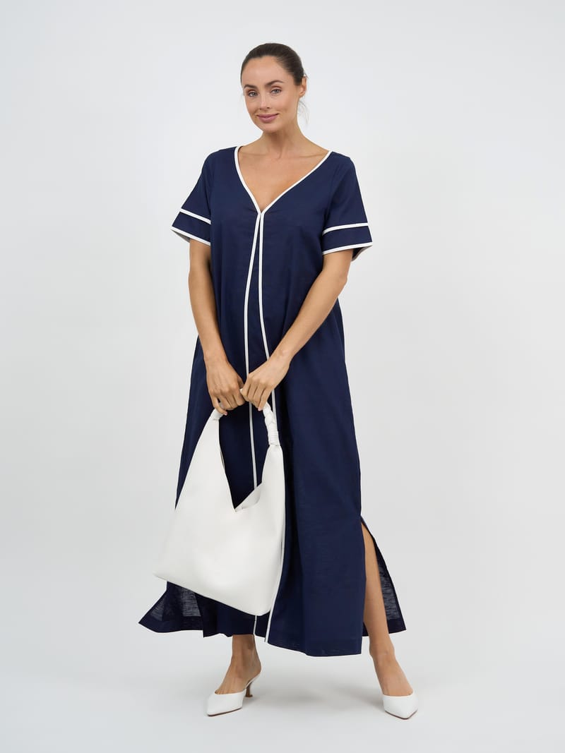 Contrast Maxi Linen Dress Navy Liberty Rose