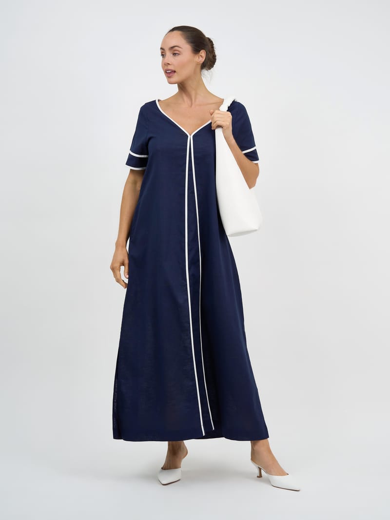 Contrast Maxi Linen Dress Navy Liberty Rose