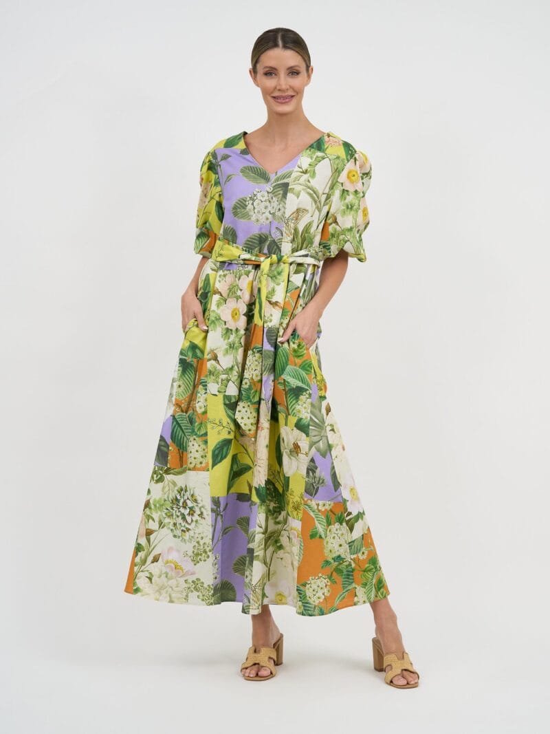 Vee Neck Puff Sleeve Dress Lemon Liberty Rose