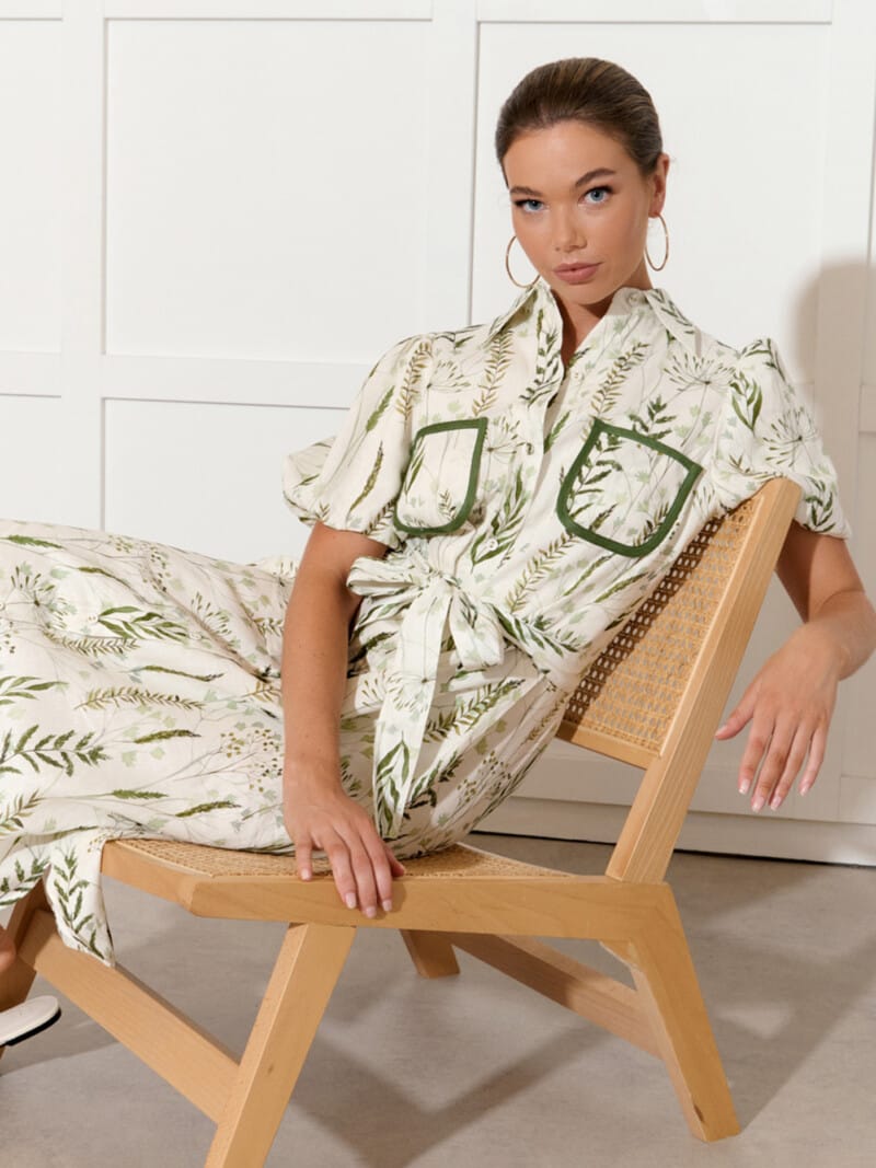 Pocket Front Linen Dress Green adorne