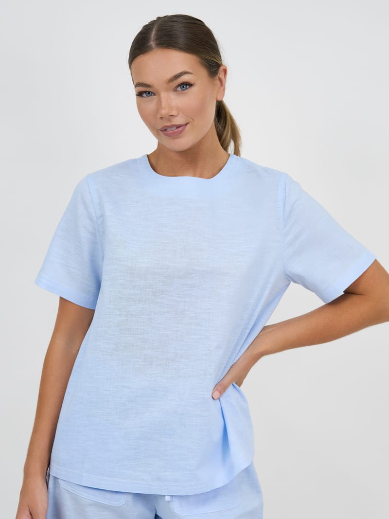 Stitch Detail Linen Tee Light Blue Liberty Rose