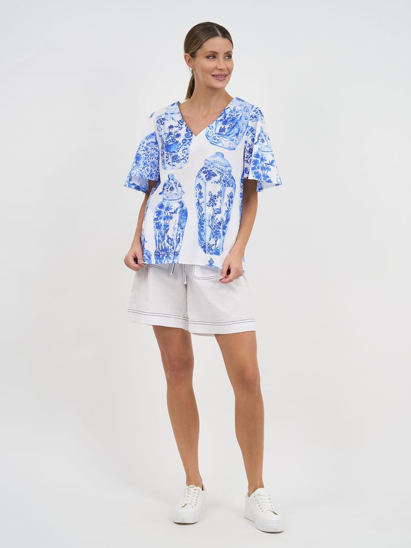 Flute Sleeve Cotton Top Blue Liberty Rose