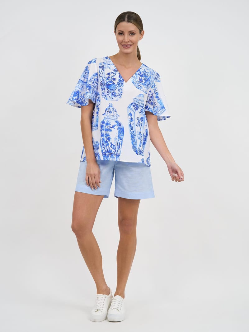Flute Sleeve Cotton Top Blue Liberty Rose