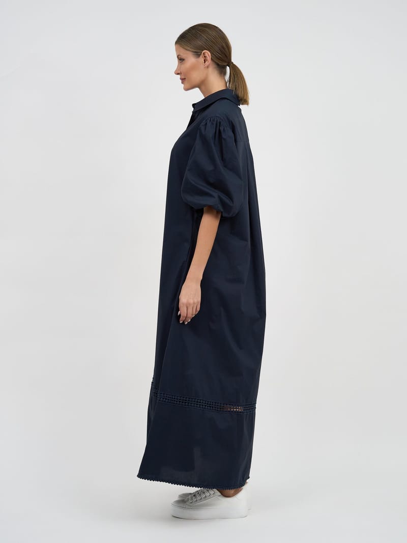 Lattice Trim Cotton Shirt Dress Navy Liberty Rose