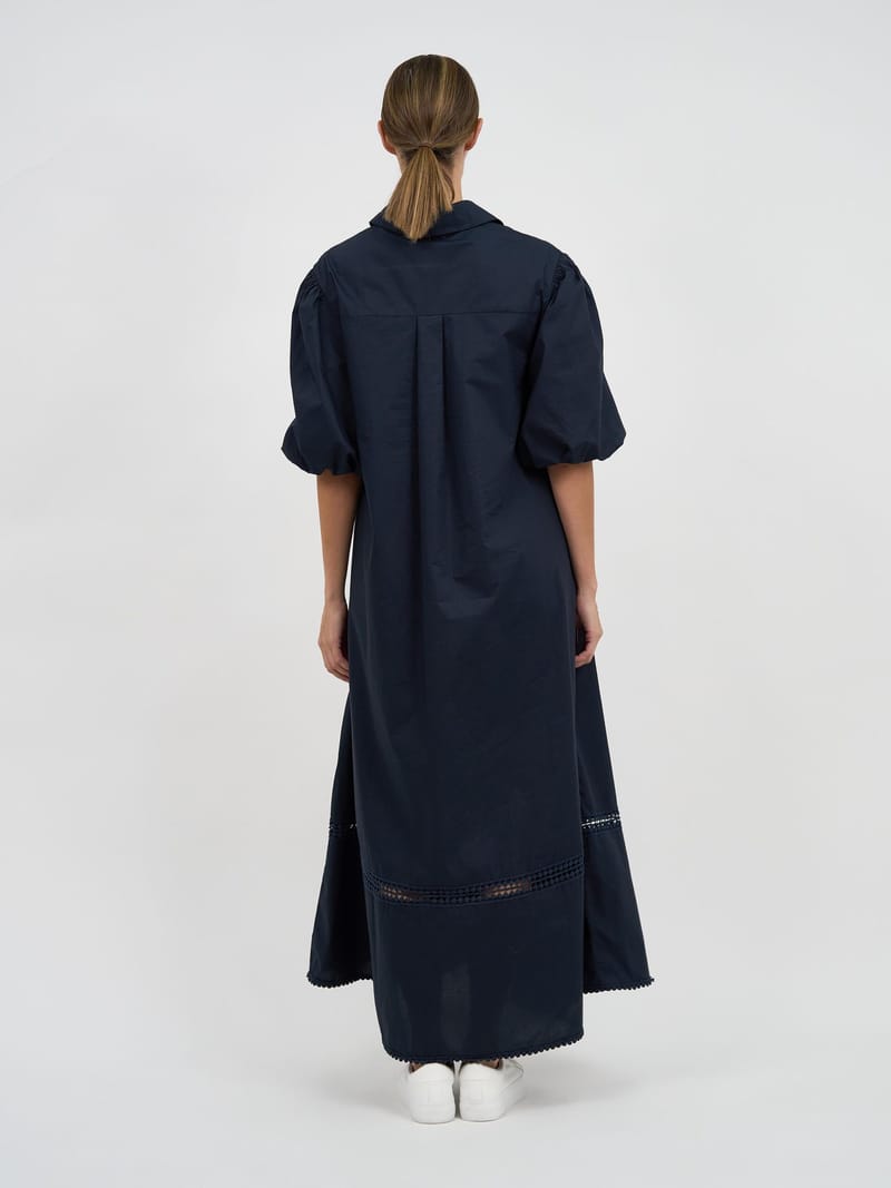 Lattice Trim Cotton Shirt Dress Navy Liberty Rose