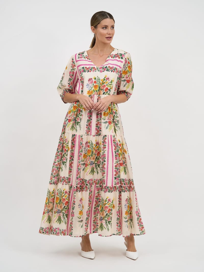 Gathered Tier Dress Beige Liberty Rose