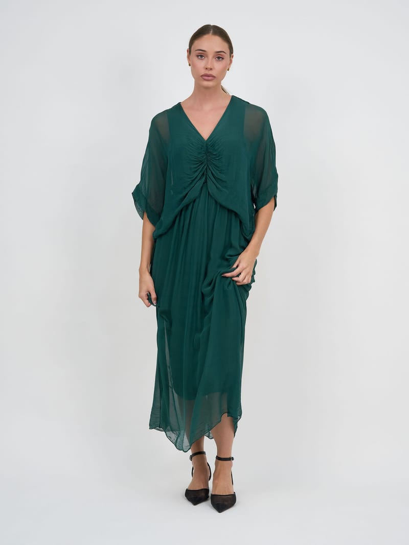 Gathered Silk Blend Dress Emerald La Strada