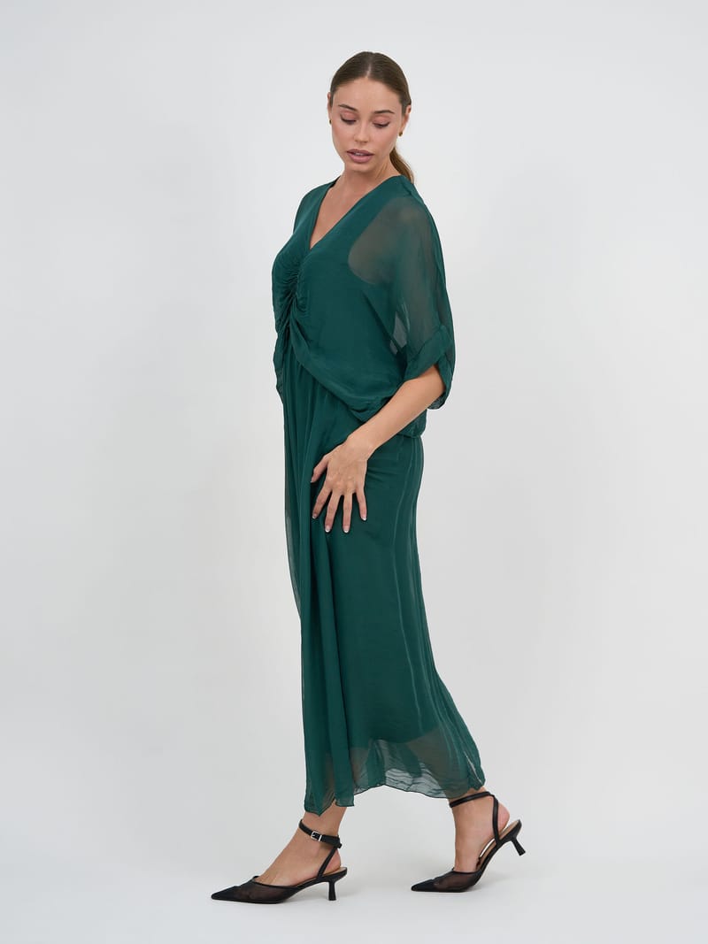 Gathered Silk Blend Dress Emerald La Strada