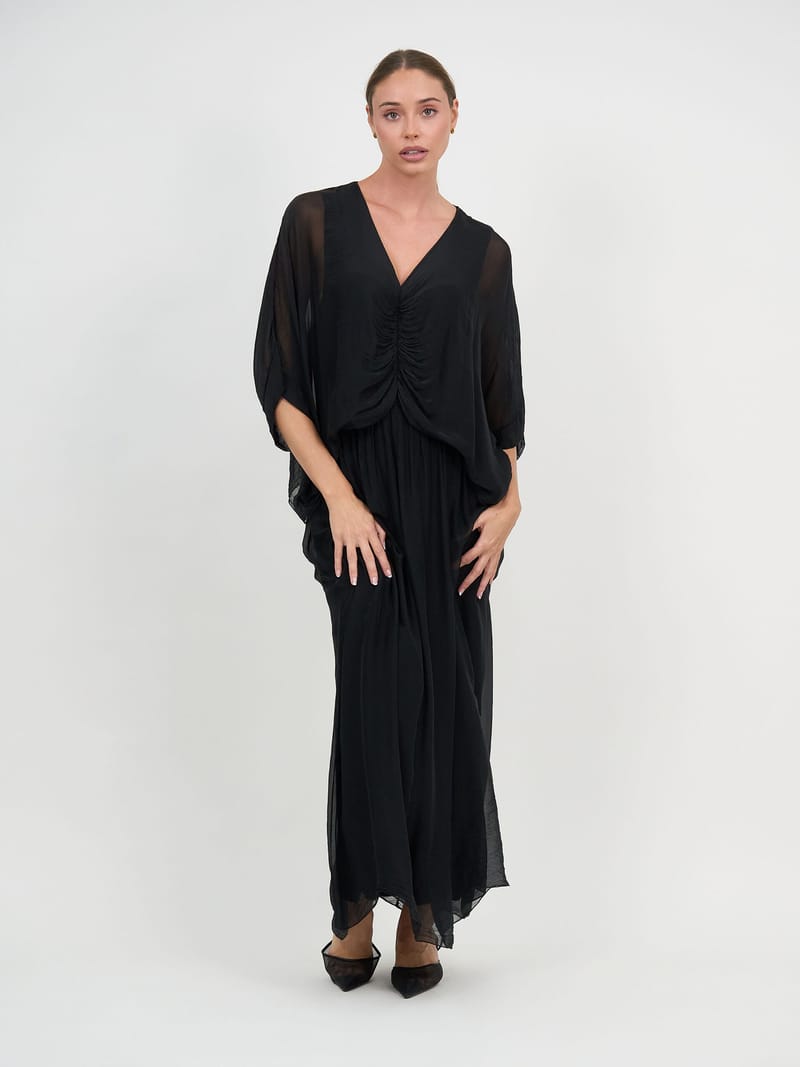 Gathered Silk Blend Dress Black La Strada