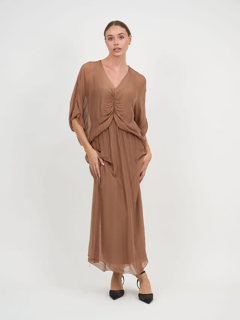 Gathered Silk Blend Dress Brown La Strada