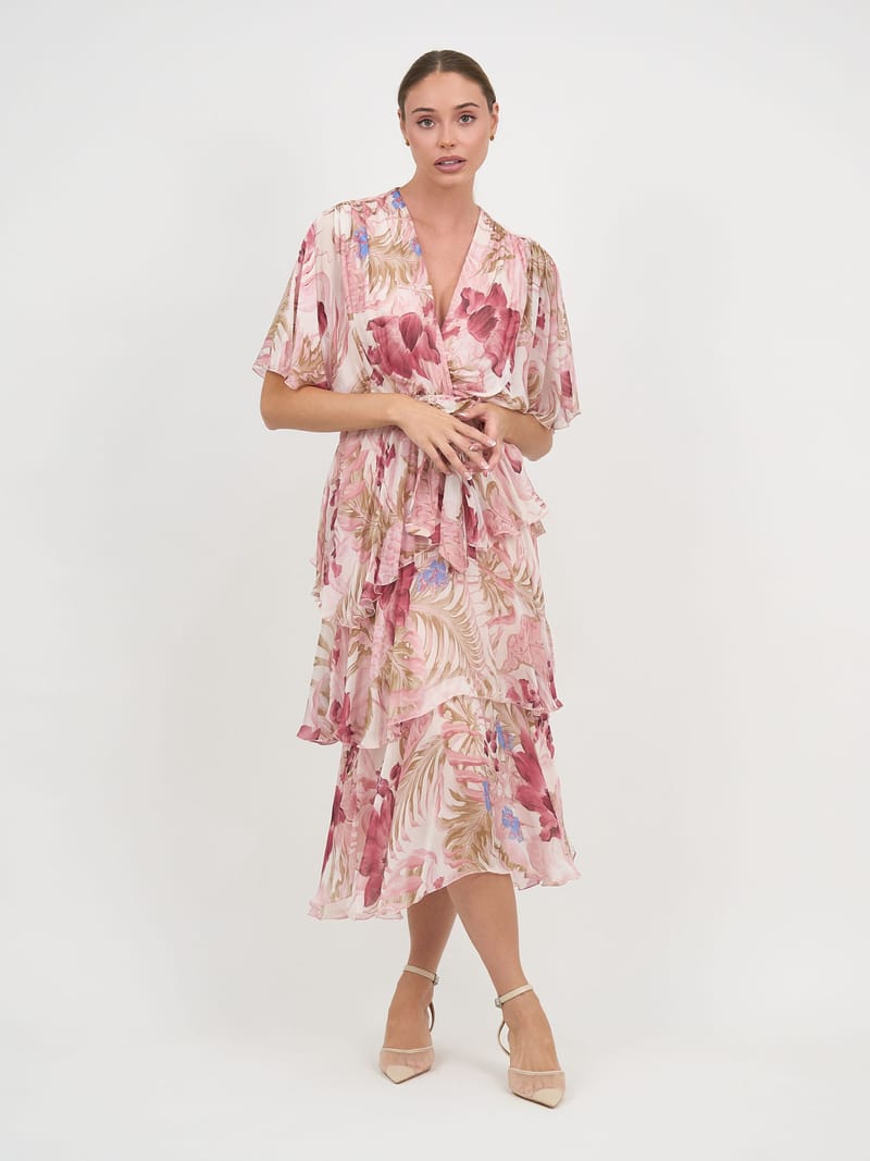 Silk Blend Tier Layer Dress Ivory La Strada