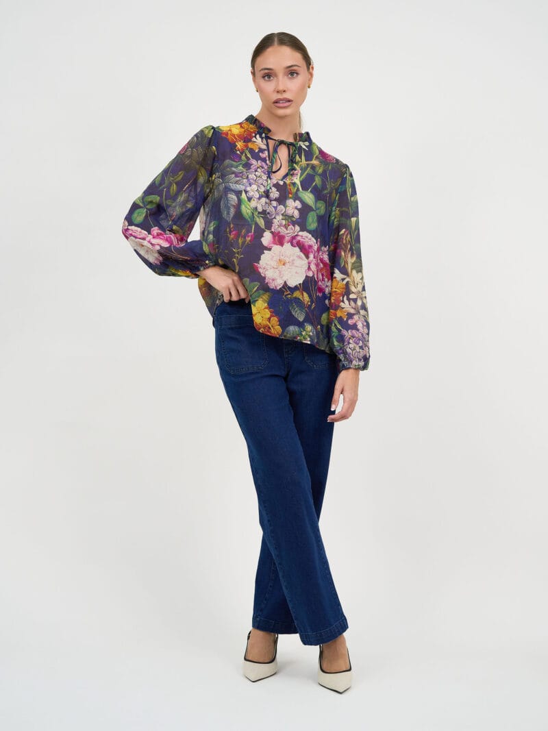 Frill Neck Tie Top Navy Liberty Rose