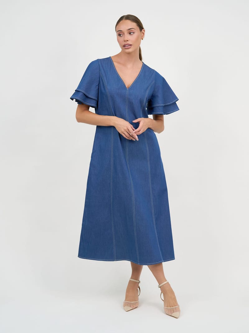 Denim Frilled Sleeve Dress Light Denim Liberty Rose
