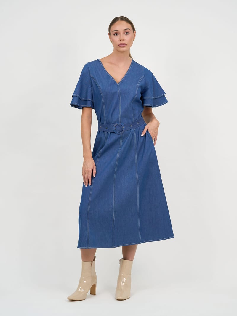 Denim Frilled Sleeve Dress Light Denim Liberty Rose