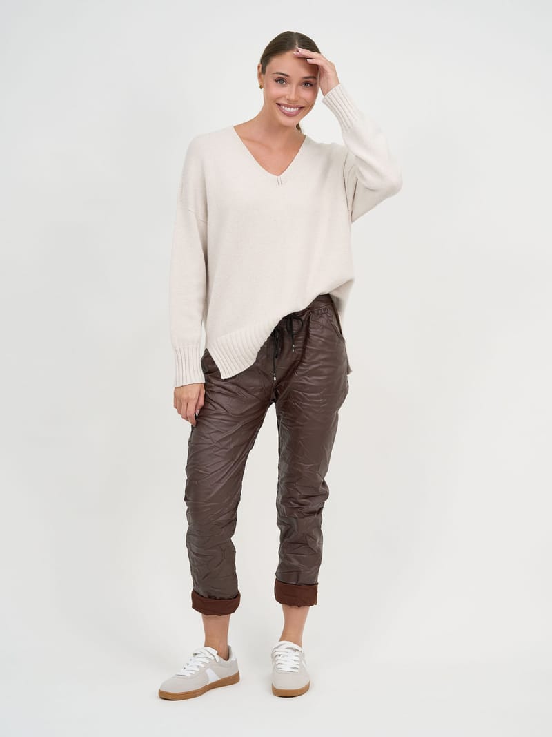 Vee Neck Ribbed Knit Beige La Strada